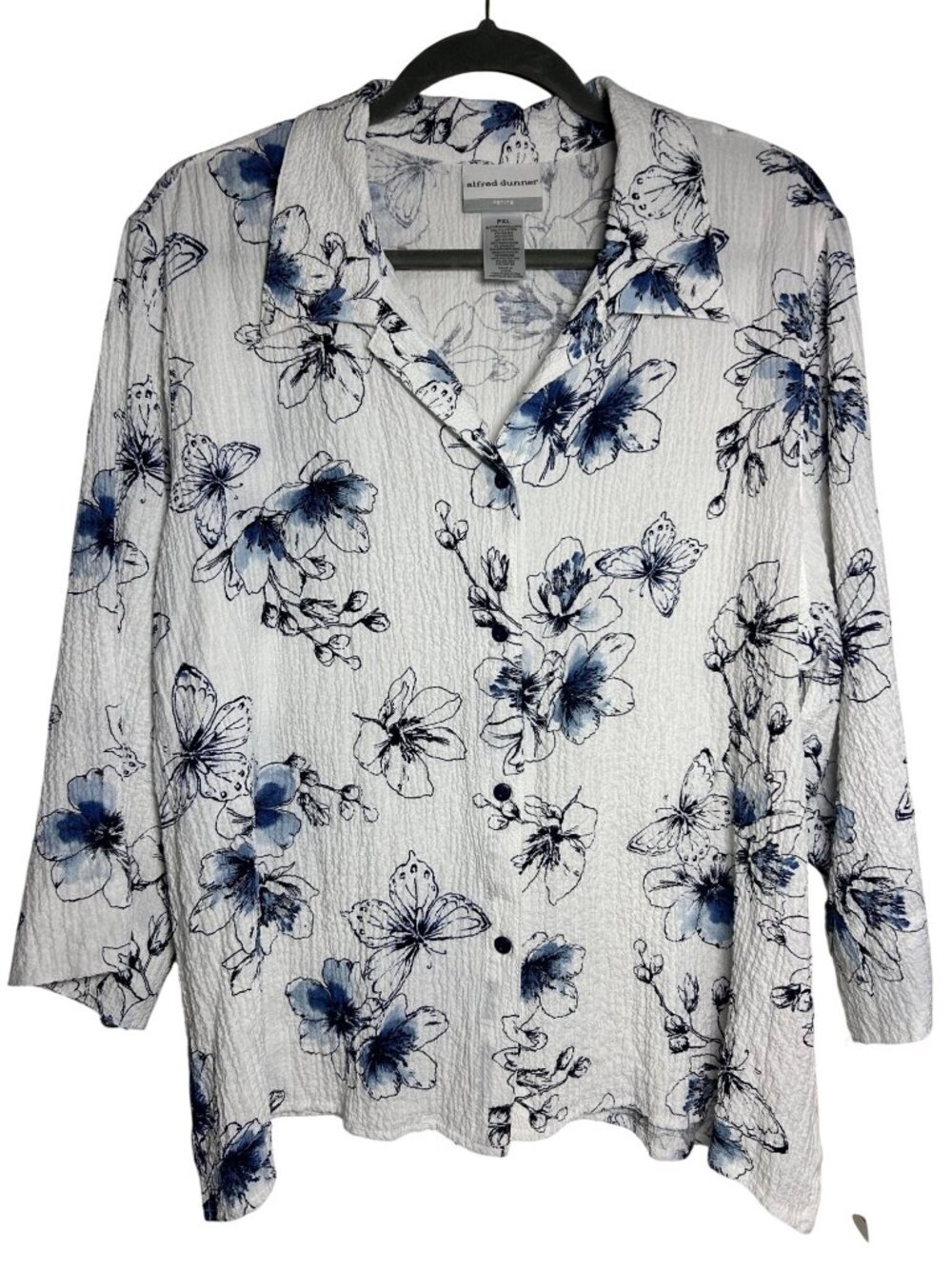 Alfred Dunner Petite PXL White & Blue Floral Button-Front Blouse 3/4 Sleeves NWT